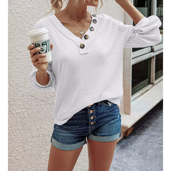 imageBTFBM Women Waffle Knit Shirts VNeck Long Sleeve Casual Slouchy Loose Blouses Plain Faux Button Lightweight PulloverWhite