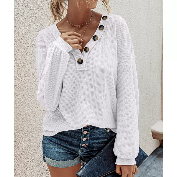 imageBTFBM Women Waffle Knit Shirts VNeck Long Sleeve Casual Slouchy Loose Blouses Plain Faux Button Lightweight PulloverWhite
