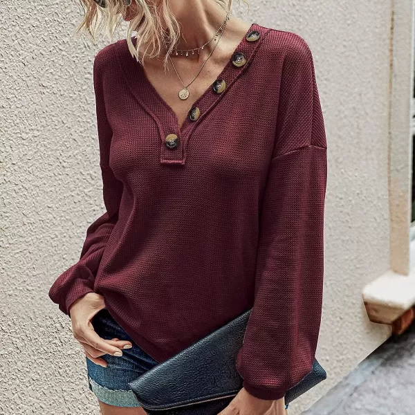 imageBTFBM Women Waffle Knit Shirts VNeck Long Sleeve Casual Slouchy Loose Blouses Plain Faux Button Lightweight PulloverWine Red
