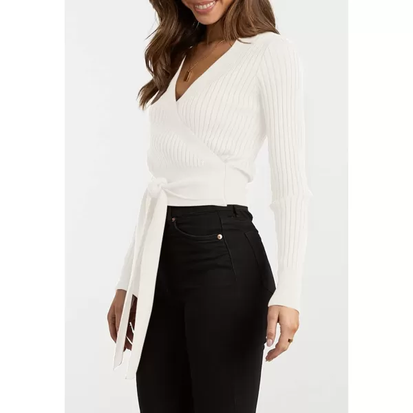 imageBTFBM Women Wrap Deep V Neck Cropped Sweaters Long Sleeve High Waist Tie Front Slim Fit Ribbed Knit Pullover Sweater TopSolid Beige White
