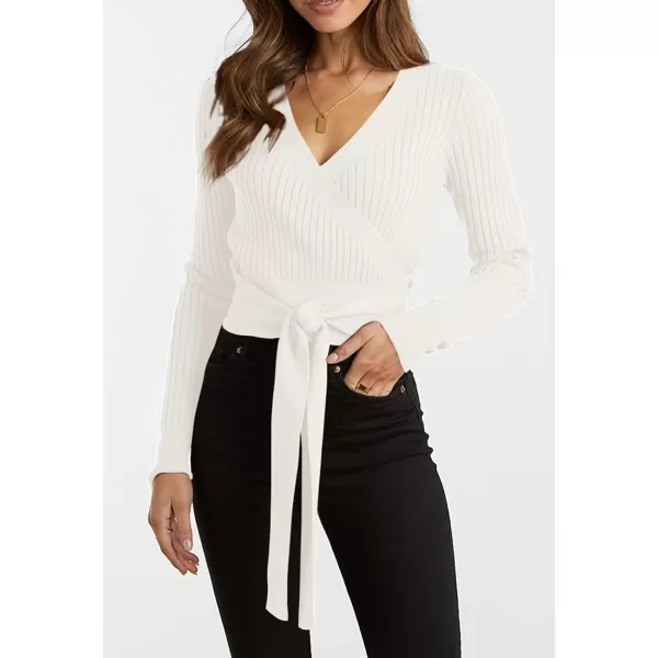 imageBTFBM Women Wrap Deep V Neck Cropped Sweaters Long Sleeve High Waist Tie Front Slim Fit Ribbed Knit Pullover Sweater TopSolid Beige White