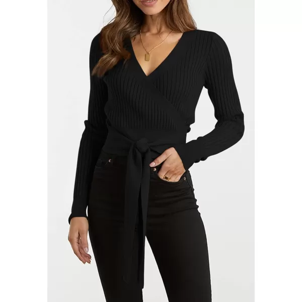 imageBTFBM Women Wrap Deep V Neck Cropped Sweaters Long Sleeve High Waist Tie Front Slim Fit Ribbed Knit Pullover Sweater TopSolid Black