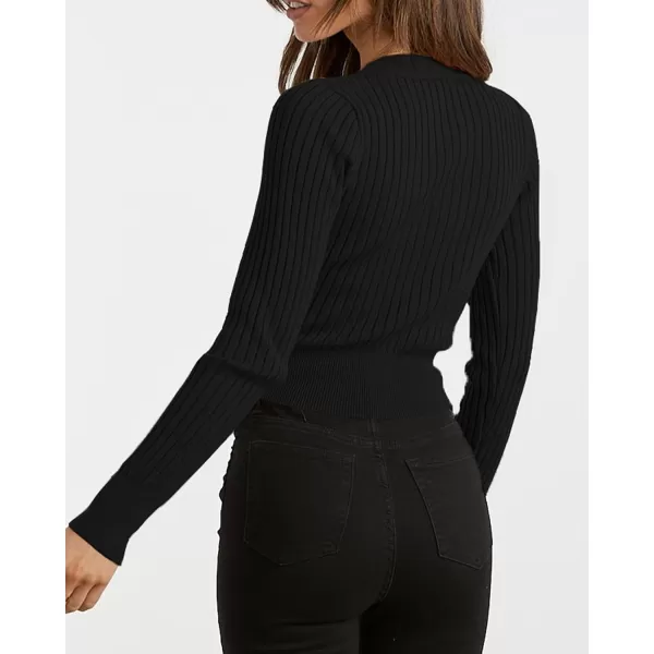 imageBTFBM Women Wrap Deep V Neck Cropped Sweaters Long Sleeve High Waist Tie Front Slim Fit Ribbed Knit Pullover Sweater TopSolid Black