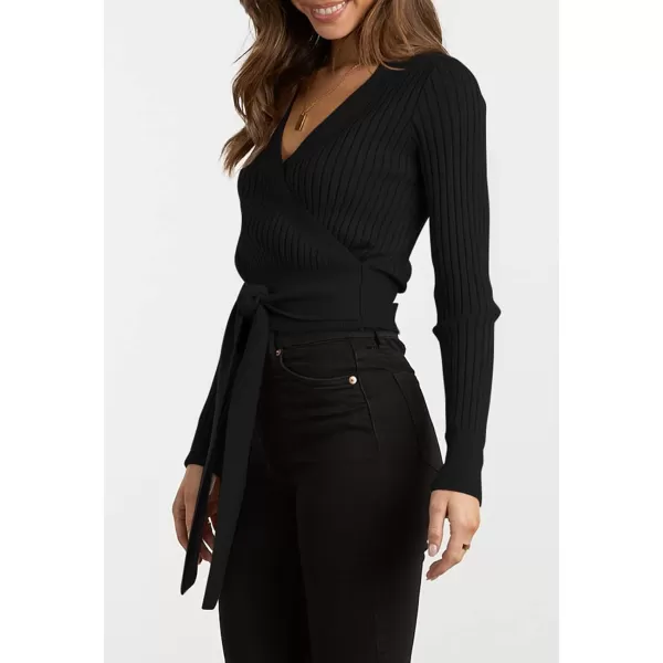 imageBTFBM Women Wrap Deep V Neck Cropped Sweaters Long Sleeve High Waist Tie Front Slim Fit Ribbed Knit Pullover Sweater TopSolid Black