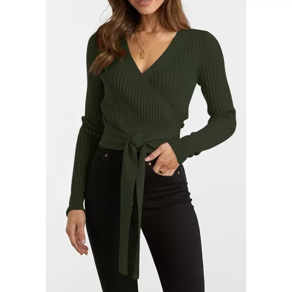 imageBTFBM Women Wrap Deep V Neck Cropped Sweaters Long Sleeve High Waist Tie Front Slim Fit Ribbed Knit Pullover Sweater TopSolid Dark Army Green