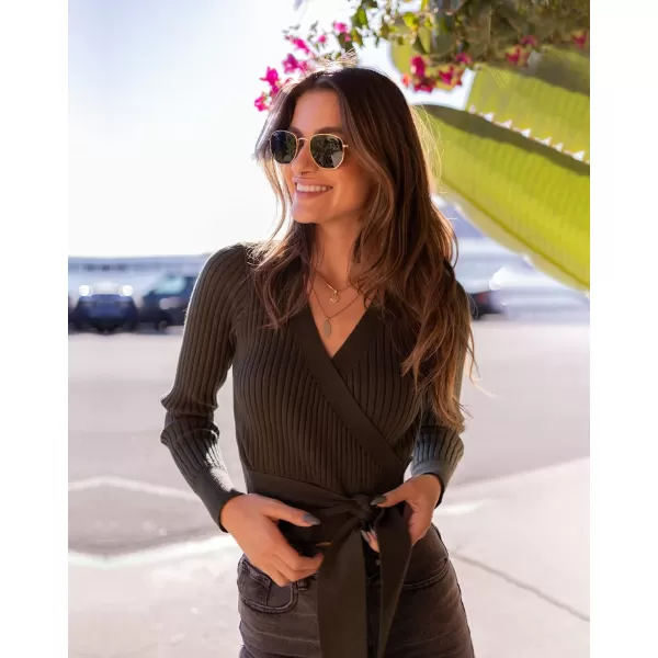 imageBTFBM Women Wrap Deep V Neck Cropped Sweaters Long Sleeve High Waist Tie Front Slim Fit Ribbed Knit Pullover Sweater TopSolid Dark Army Green