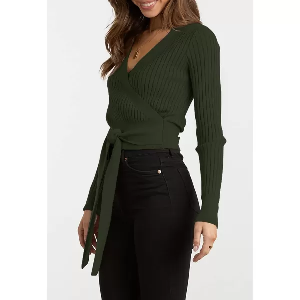 imageBTFBM Women Wrap Deep V Neck Cropped Sweaters Long Sleeve High Waist Tie Front Slim Fit Ribbed Knit Pullover Sweater TopSolid Dark Army Green