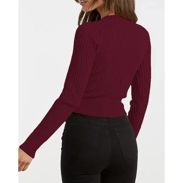 imageBTFBM Women Wrap Deep V Neck Cropped Sweaters Long Sleeve High Waist Tie Front Slim Fit Ribbed Knit Pullover Sweater TopSolid Dark Wine Red