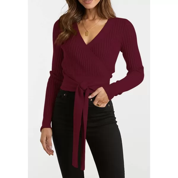 imageBTFBM Women Wrap Deep V Neck Cropped Sweaters Long Sleeve High Waist Tie Front Slim Fit Ribbed Knit Pullover Sweater TopSolid Dark Wine Red