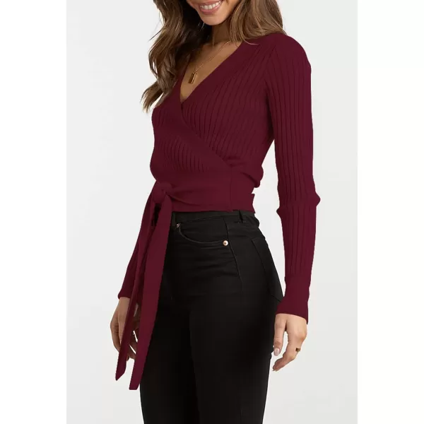 imageBTFBM Women Wrap Deep V Neck Cropped Sweaters Long Sleeve High Waist Tie Front Slim Fit Ribbed Knit Pullover Sweater TopSolid Dark Wine Red
