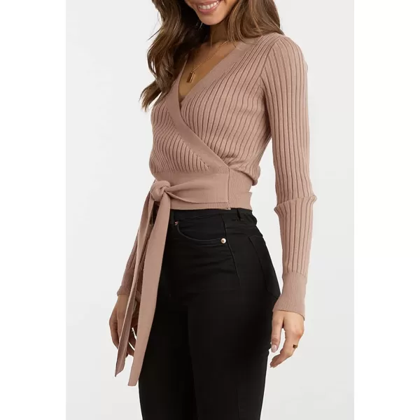 imageBTFBM Women Wrap Deep V Neck Cropped Sweaters Long Sleeve High Waist Tie Front Slim Fit Ribbed Knit Pullover Sweater TopSolid Khaki