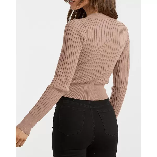 imageBTFBM Women Wrap Deep V Neck Cropped Sweaters Long Sleeve High Waist Tie Front Slim Fit Ribbed Knit Pullover Sweater TopSolid Khaki