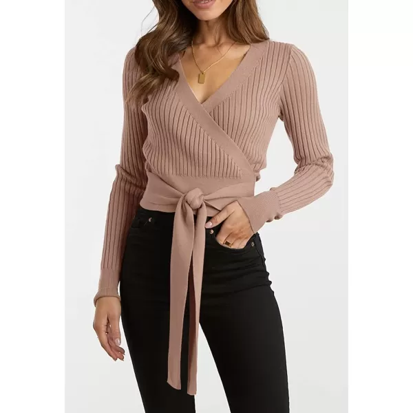 imageBTFBM Women Wrap Deep V Neck Cropped Sweaters Long Sleeve High Waist Tie Front Slim Fit Ribbed Knit Pullover Sweater TopSolid Khaki
