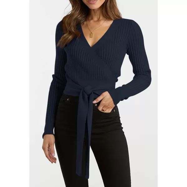 imageBTFBM Women Wrap Deep V Neck Cropped Sweaters Long Sleeve High Waist Tie Front Slim Fit Ribbed Knit Pullover Sweater TopSolid Navy
