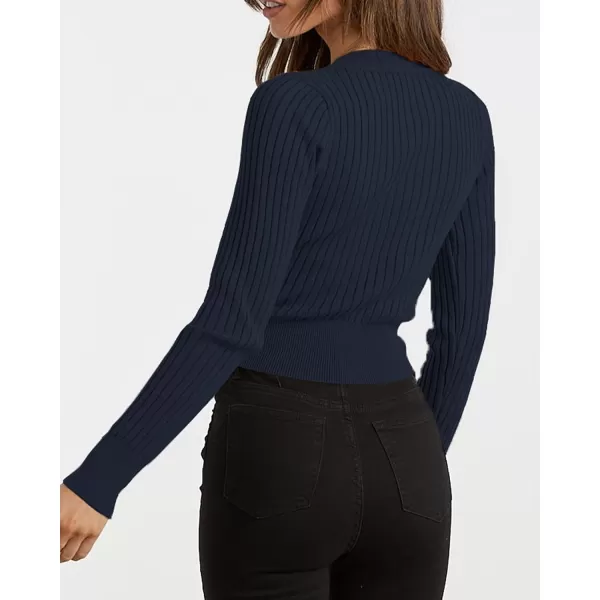 imageBTFBM Women Wrap Deep V Neck Cropped Sweaters Long Sleeve High Waist Tie Front Slim Fit Ribbed Knit Pullover Sweater TopSolid Navy