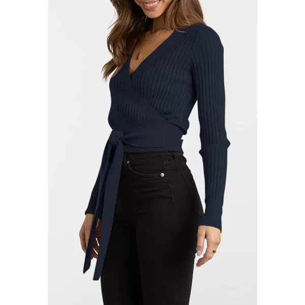 imageBTFBM Women Wrap Deep V Neck Cropped Sweaters Long Sleeve High Waist Tie Front Slim Fit Ribbed Knit Pullover Sweater TopSolid Navy