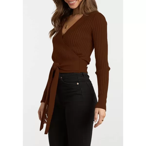 imageBTFBM Women Wrap Deep V Neck Cropped Sweaters Long Sleeve High Waist Tie Front Slim Fit Ribbed Knit Pullover Sweater TopSolid Red Brown