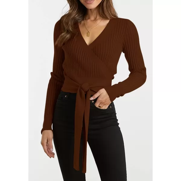 imageBTFBM Women Wrap Deep V Neck Cropped Sweaters Long Sleeve High Waist Tie Front Slim Fit Ribbed Knit Pullover Sweater TopSolid Red Brown