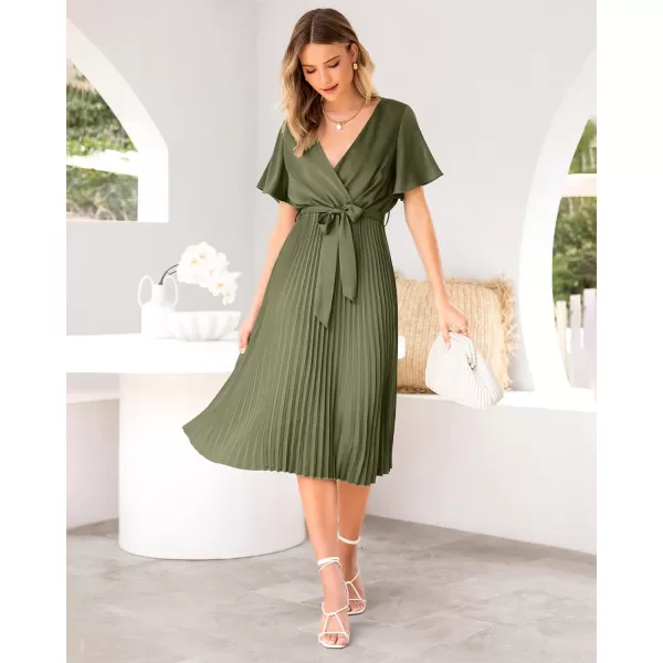 imageBTFBM Women Wrap V Neck Casual Summer Dresses 2023 Short Sleeve Satin Tie Waist Pleated Flowy Wedding Guest Midi DressSolid Army Green