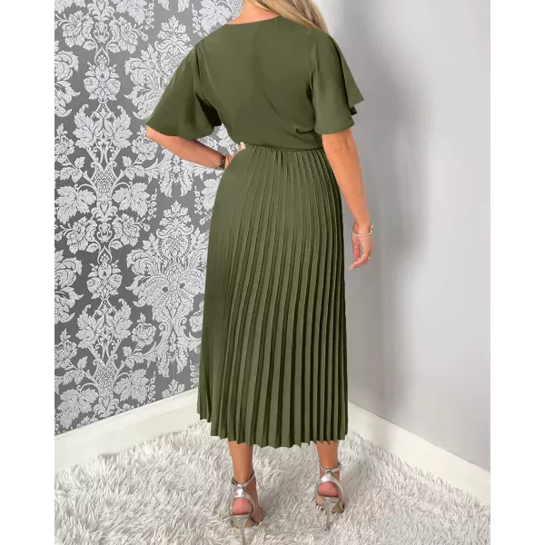imageBTFBM Women Wrap V Neck Casual Summer Dresses 2023 Short Sleeve Satin Tie Waist Pleated Flowy Wedding Guest Midi DressSolid Army Green