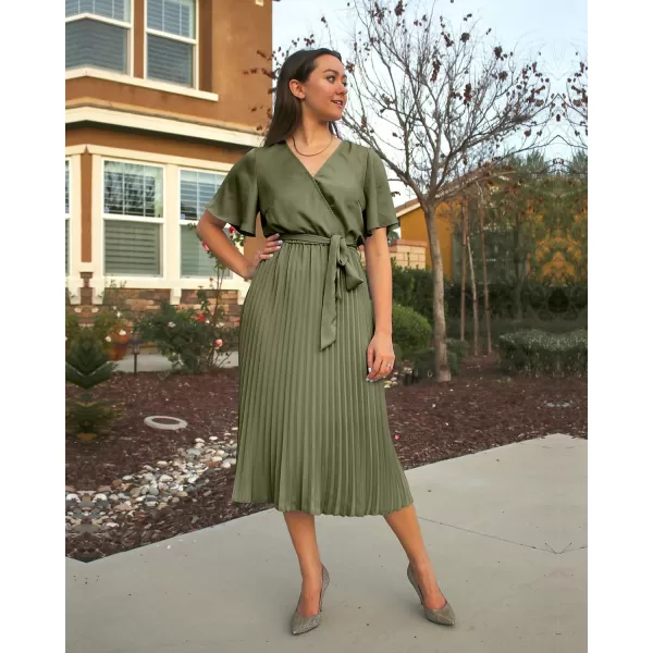 imageBTFBM Women Wrap V Neck Casual Summer Dresses 2023 Short Sleeve Satin Tie Waist Pleated Flowy Wedding Guest Midi DressSolid Army Green