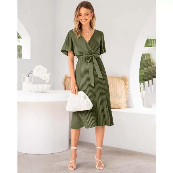 imageBTFBM Women Wrap V Neck Casual Summer Dresses 2023 Short Sleeve Satin Tie Waist Pleated Flowy Wedding Guest Midi DressSolid Army Green