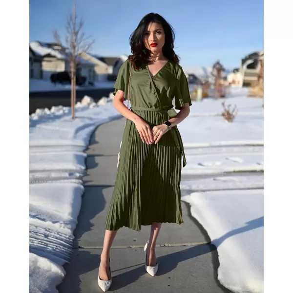 imageBTFBM Women Wrap V Neck Casual Summer Dresses 2023 Short Sleeve Satin Tie Waist Pleated Flowy Wedding Guest Midi DressSolid Army Green