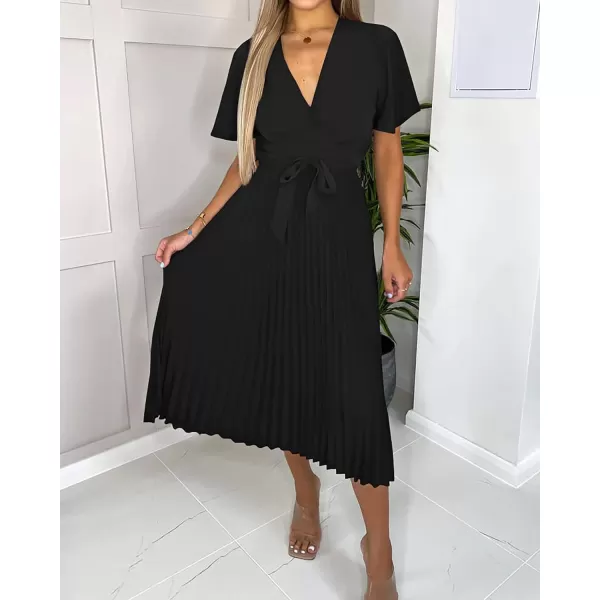 imageBTFBM Women Wrap V Neck Casual Summer Dresses 2023 Short Sleeve Satin Tie Waist Pleated Flowy Wedding Guest Midi DressSolid Black