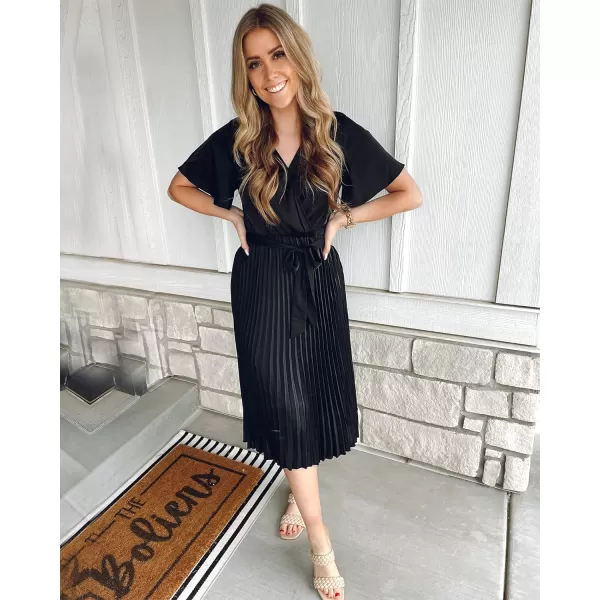 imageBTFBM Women Wrap V Neck Casual Summer Dresses 2023 Short Sleeve Satin Tie Waist Pleated Flowy Wedding Guest Midi DressSolid Black