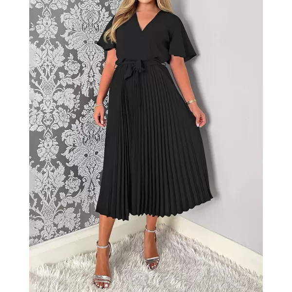 imageBTFBM Women Wrap V Neck Casual Summer Dresses 2023 Short Sleeve Satin Tie Waist Pleated Flowy Wedding Guest Midi DressSolid Black