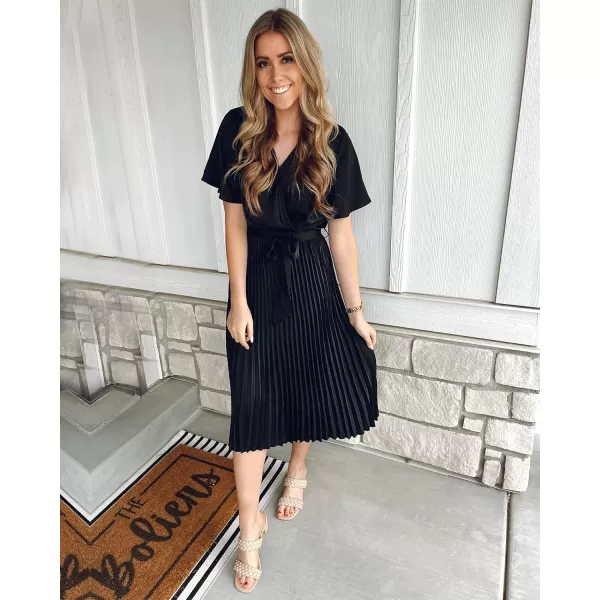 imageBTFBM Women Wrap V Neck Casual Summer Dresses 2023 Short Sleeve Satin Tie Waist Pleated Flowy Wedding Guest Midi DressSolid Black