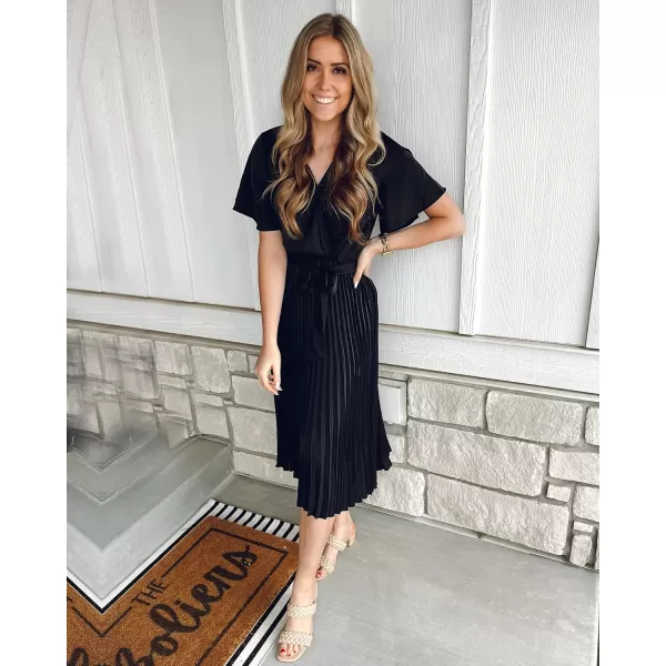 imageBTFBM Women Wrap V Neck Casual Summer Dresses 2023 Short Sleeve Satin Tie Waist Pleated Flowy Wedding Guest Midi DressSolid Black
