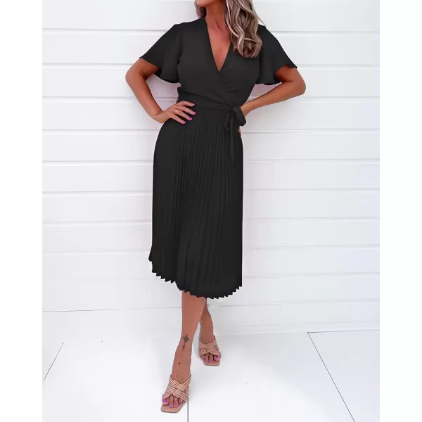 imageBTFBM Women Wrap V Neck Casual Summer Dresses 2023 Short Sleeve Satin Tie Waist Pleated Flowy Wedding Guest Midi DressSolid Black