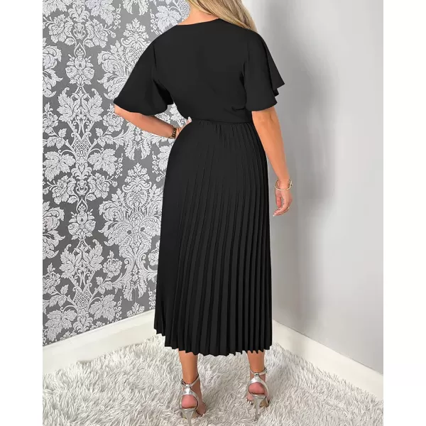 imageBTFBM Women Wrap V Neck Casual Summer Dresses 2023 Short Sleeve Satin Tie Waist Pleated Flowy Wedding Guest Midi DressSolid Black