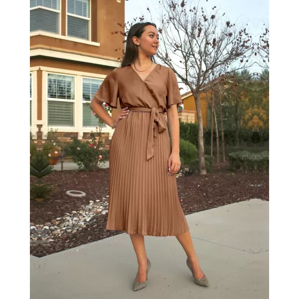 imageBTFBM Women Wrap V Neck Casual Summer Dresses 2023 Short Sleeve Satin Tie Waist Pleated Flowy Wedding Guest Midi DressSolid Caramel