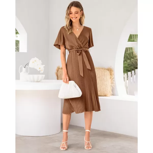 imageBTFBM Women Wrap V Neck Casual Summer Dresses 2023 Short Sleeve Satin Tie Waist Pleated Flowy Wedding Guest Midi DressSolid Caramel