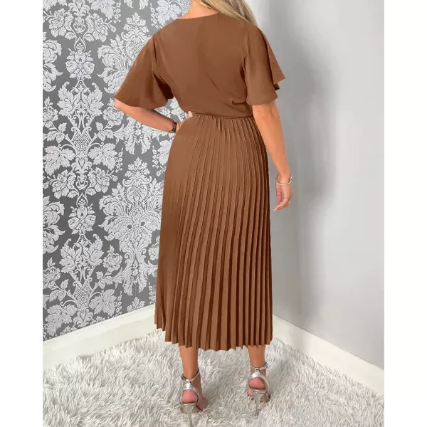 imageBTFBM Women Wrap V Neck Casual Summer Dresses 2023 Short Sleeve Satin Tie Waist Pleated Flowy Wedding Guest Midi DressSolid Caramel