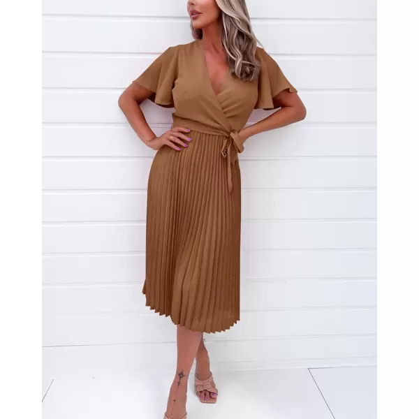 imageBTFBM Women Wrap V Neck Casual Summer Dresses 2023 Short Sleeve Satin Tie Waist Pleated Flowy Wedding Guest Midi DressSolid Caramel