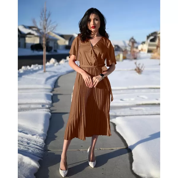 imageBTFBM Women Wrap V Neck Casual Summer Dresses 2023 Short Sleeve Satin Tie Waist Pleated Flowy Wedding Guest Midi DressSolid Caramel