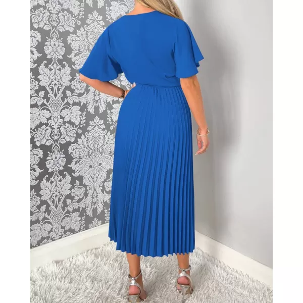 imageBTFBM Women Wrap V Neck Casual Summer Dresses 2023 Short Sleeve Satin Tie Waist Pleated Flowy Wedding Guest Midi DressSolid Dark Blue