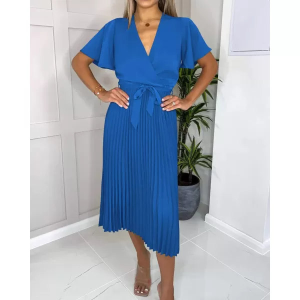 imageBTFBM Women Wrap V Neck Casual Summer Dresses 2023 Short Sleeve Satin Tie Waist Pleated Flowy Wedding Guest Midi DressSolid Dark Blue