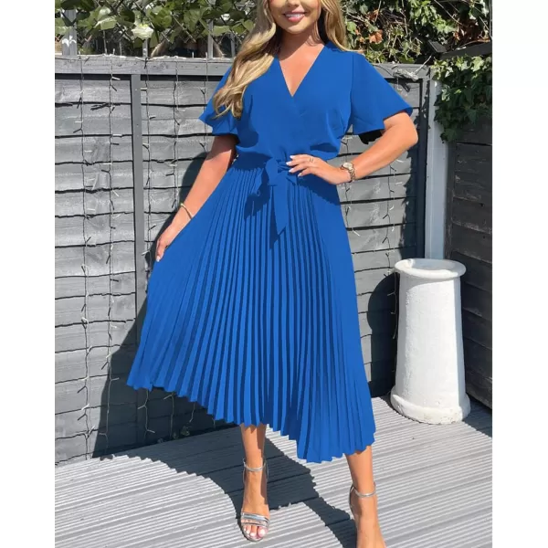 imageBTFBM Women Wrap V Neck Casual Summer Dresses 2023 Short Sleeve Satin Tie Waist Pleated Flowy Wedding Guest Midi DressSolid Dark Blue