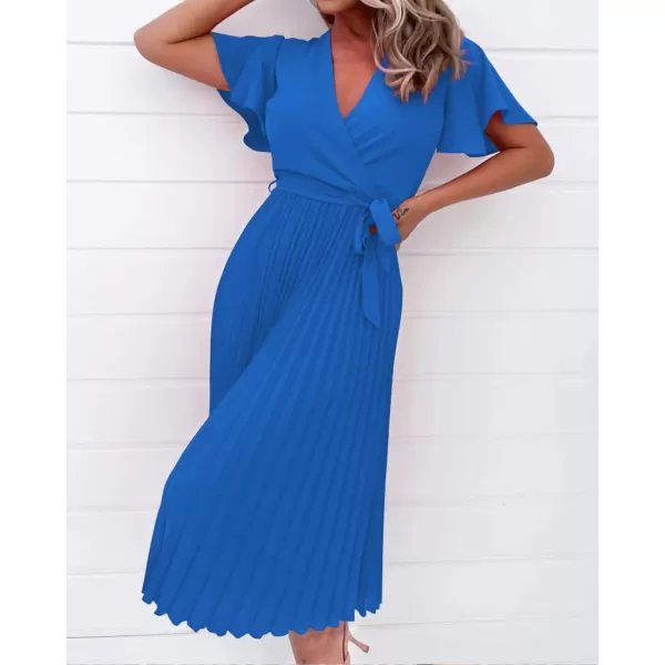imageBTFBM Women Wrap V Neck Casual Summer Dresses 2023 Short Sleeve Satin Tie Waist Pleated Flowy Wedding Guest Midi DressSolid Dark Blue