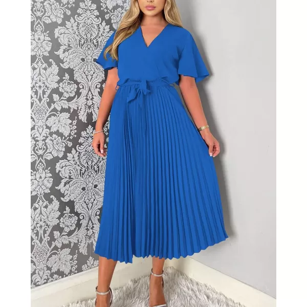 imageBTFBM Women Wrap V Neck Casual Summer Dresses 2023 Short Sleeve Satin Tie Waist Pleated Flowy Wedding Guest Midi DressSolid Dark Blue