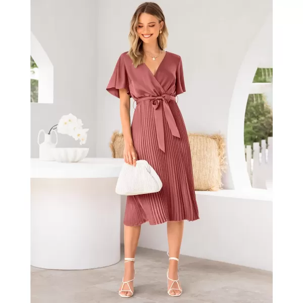 imageBTFBM Women Wrap V Neck Casual Summer Dresses 2023 Short Sleeve Satin Tie Waist Pleated Flowy Wedding Guest Midi DressSolid Dusty Pink