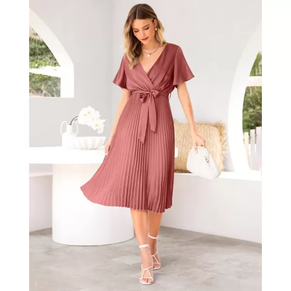imageBTFBM Women Wrap V Neck Casual Summer Dresses 2023 Short Sleeve Satin Tie Waist Pleated Flowy Wedding Guest Midi DressSolid Dusty Pink