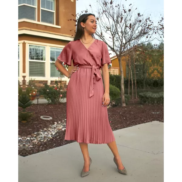 imageBTFBM Women Wrap V Neck Casual Summer Dresses 2023 Short Sleeve Satin Tie Waist Pleated Flowy Wedding Guest Midi DressSolid Dusty Pink