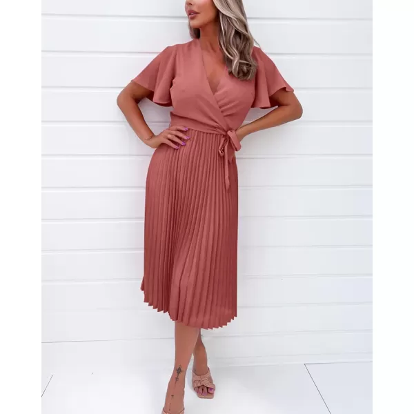 imageBTFBM Women Wrap V Neck Casual Summer Dresses 2023 Short Sleeve Satin Tie Waist Pleated Flowy Wedding Guest Midi DressSolid Dusty Pink