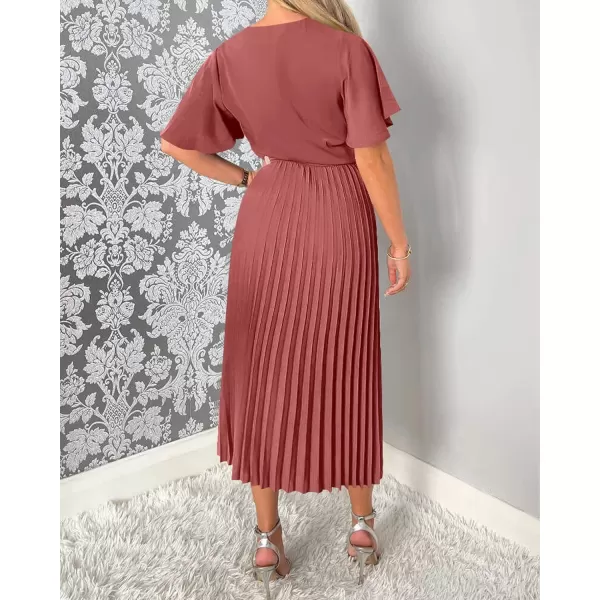 imageBTFBM Women Wrap V Neck Casual Summer Dresses 2023 Short Sleeve Satin Tie Waist Pleated Flowy Wedding Guest Midi DressSolid Dusty Pink