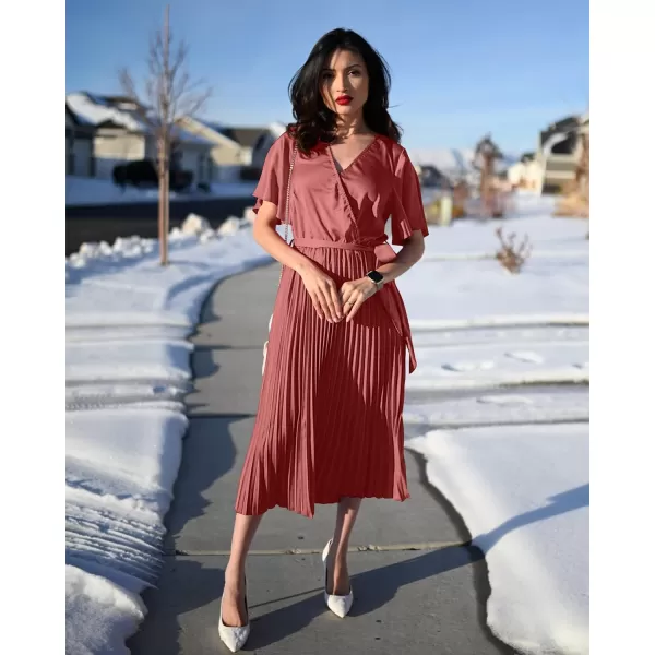 imageBTFBM Women Wrap V Neck Casual Summer Dresses 2023 Short Sleeve Satin Tie Waist Pleated Flowy Wedding Guest Midi DressSolid Dusty Pink